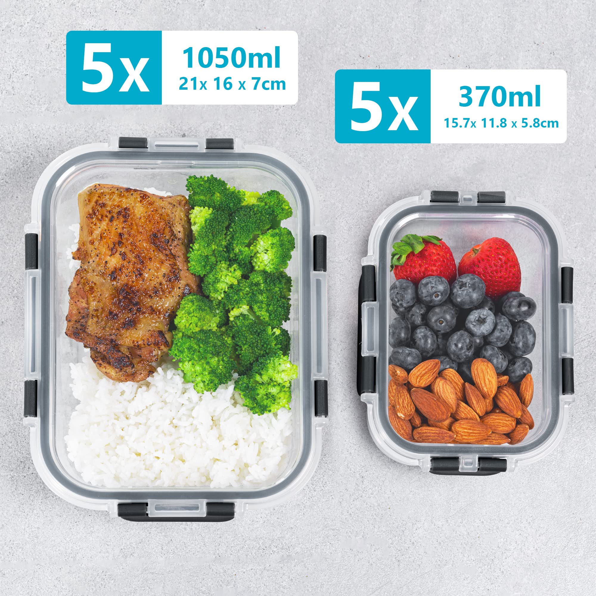 Igluu Meal Prep Glas-Frischhaltedosen mit BPA-freiem Deckel (10er-Pack) – mikrowellen-, ofen-, gefrier-, spülmaschinengeeignet, auslaufsicher – 370 & 1050 ml – robustes Borosilikatglas 4