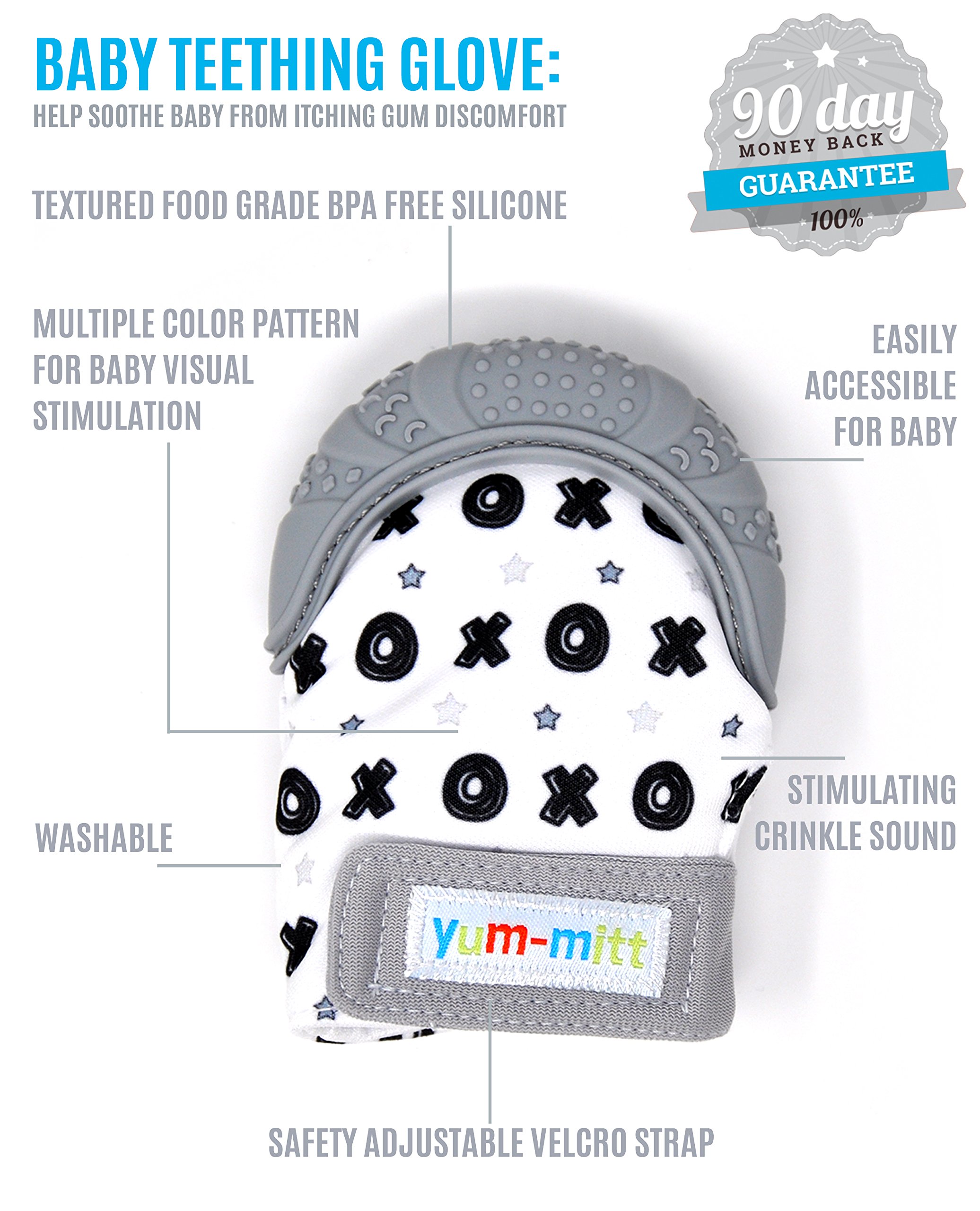 Teething Mitten for Babies with Fruit Feeder Pacifier - Baby Teething Toys for Self Soothing Gum Pain Relief. Infant Chew Glove Teether Mittens with Hygienic Travel Bag - Mitts for Boy or Girl (Grey)