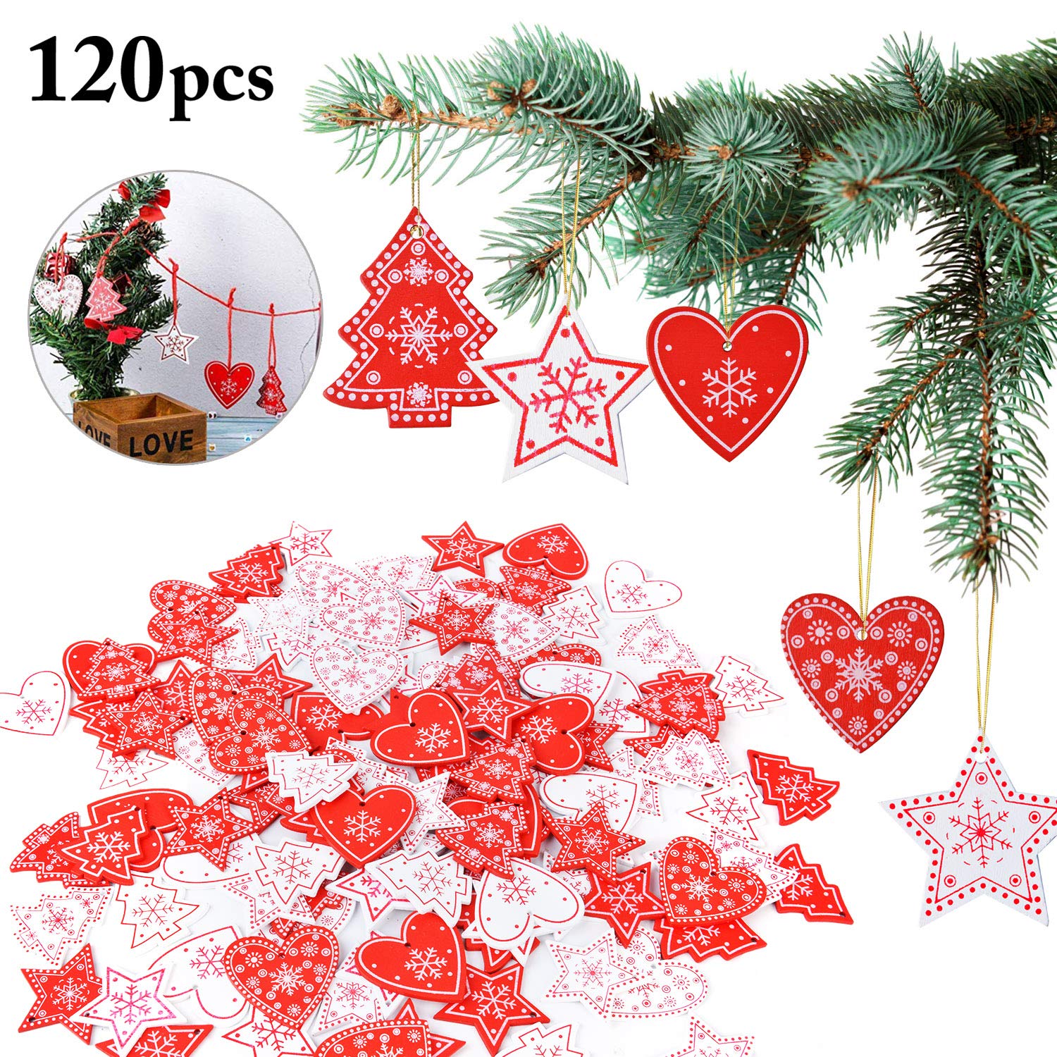 ZOYLINK 120-PCS Colgantes Navidad Adornos Árbol de Fiesta Decoración de Navidad Estrella Corazón de Amor Árbol de Navidad Dadorno Colgante