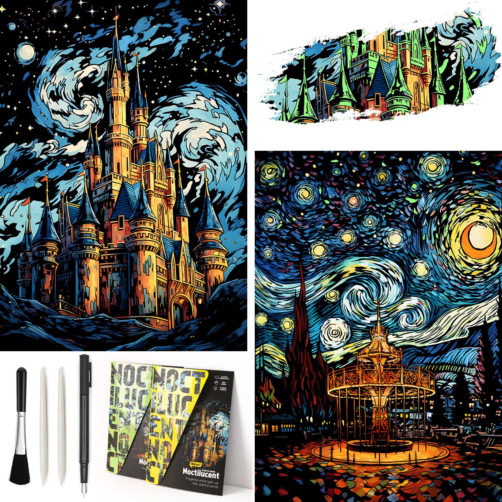 Scratch Art Night Glow Rainbow Painting Paper 2 Pack, Magic Glow-in-the-Dark Scraping, Van Gogh Style DIY Creative Craft Set, Sketch Card Scratchboard for Adults, Teen(Castle- Amusement Park)