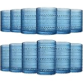 Hobnail Beaded Highball Drinking Tumbler Glasses | Set of 12 | Color, Vintage Bubble Design Whiskey Glassware, Old-Fashioned, Embossed Design for Water, Wine, Cocktail Embossed Heavy Glas, Rocks Glass