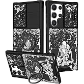Goocrux (2in1 for Samsung Galaxy S23 Ultra Case Skull Skeleton Women Girls Cute Flower Goth Phone Cover Moon Star Horror Design with Slide Camera Cover+Ring Spooky Gothic Cases for S23 Ultra 5G 6.8''