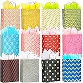 12 Pack 13" Large Kraft Paper Gift Bags Assortment with Tissue Paper & Handles, 12 Unique Solid & Geometric Pattern Designs for Birthdays, Anniversary, Father's Day, Holidays and Other Occasions
