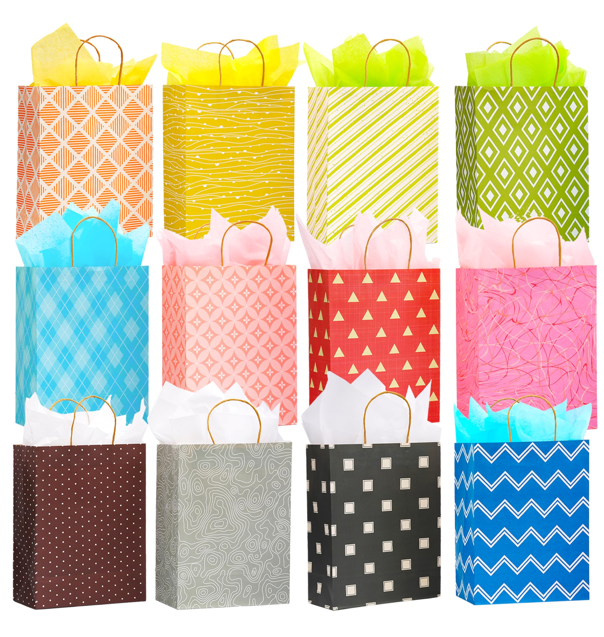 Photo 1 of 12 Pack 13" Large Kraft Paper Gift Bags Assortment with Tissue Paper & Handles, 12 Unique Solid & Geometric Pattern Designs for Birthdays, Anniversary, Father's Day, Holidays and Other Occasions