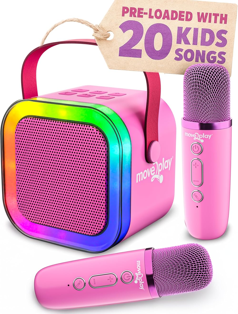 Move2Play Mini Karaoke Machine Kids Pink Pop 20+ Songs 2 Mics Bluetooth