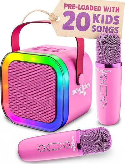 Move2Play Mini Karaoke Machine Kids Pink Pop 20+ Songs 2 Mics Bluetooth