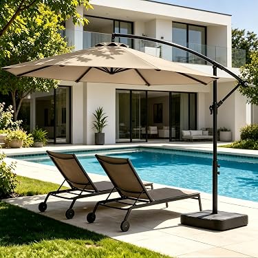 destination summer 11-foot rectangular aluminum solar patio umbrella Crestlive Products 11 ft. x 11 ft. Cantilever Patio Umbrella in Tan Brown  Outdoor Offset Umbrella w/ Solar Lights and 350 lb. Wheeled Base