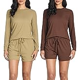 Real Essentials 2 Pack: Women's Ribbed Knit Long Sleeve Top and Shorts Pullover Lounge Pajama Set (Available In Plus Size)