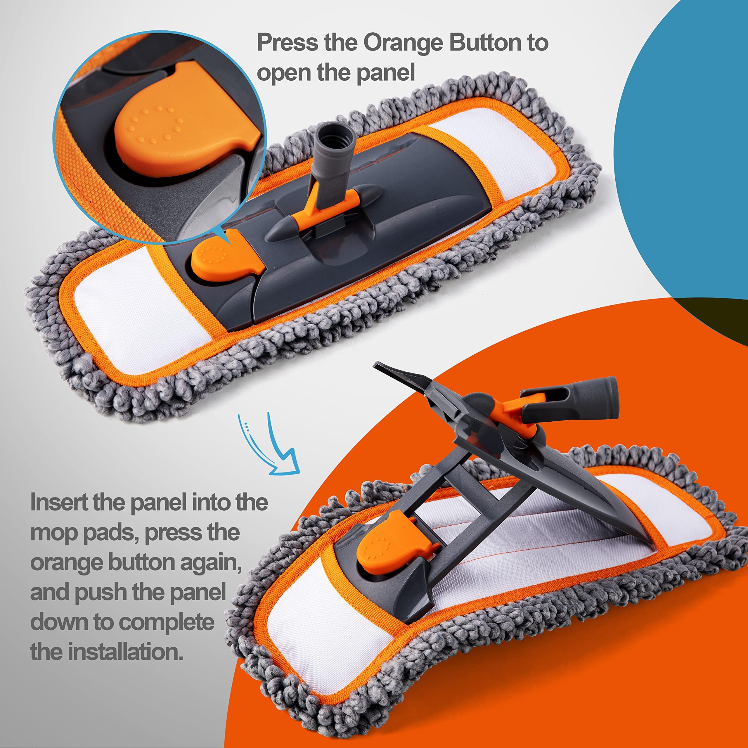 Mops for Floor Cleaning with 3 Different Washable Pads and Extendable 55” Long Handle, Multifunction Dust Mop for Hardwood,Marble,Tile Floor Mopping,Orange