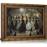 Vintage Gold Framed Canvas Wall Art Dark Academia Gothic Black Cat Painting Picture Wall Decor Halloween Moody Aesthetic Witches Dancing Scene Forest Poster Print Artwork for Living room Bedroom
