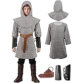 Kids Chainmail Knight Costume Set for Boys Medieval Armor Outfit for Halloween Cosplay LARP 4-12 Years