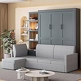 Harper &amp; Bright Designs Queen Murphy Bed with Sofa and Shelves, Gray | Space-saving sleeping solution with integrated seating and display shelving