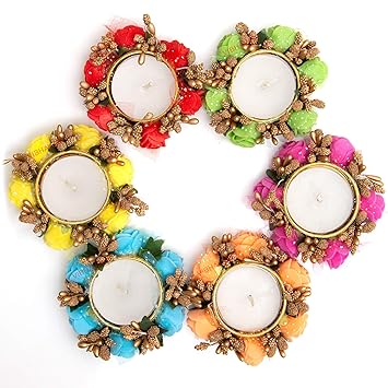 HomeSquare Tealight Holder Diwali Diya with Artificial Flowers - Set of 6