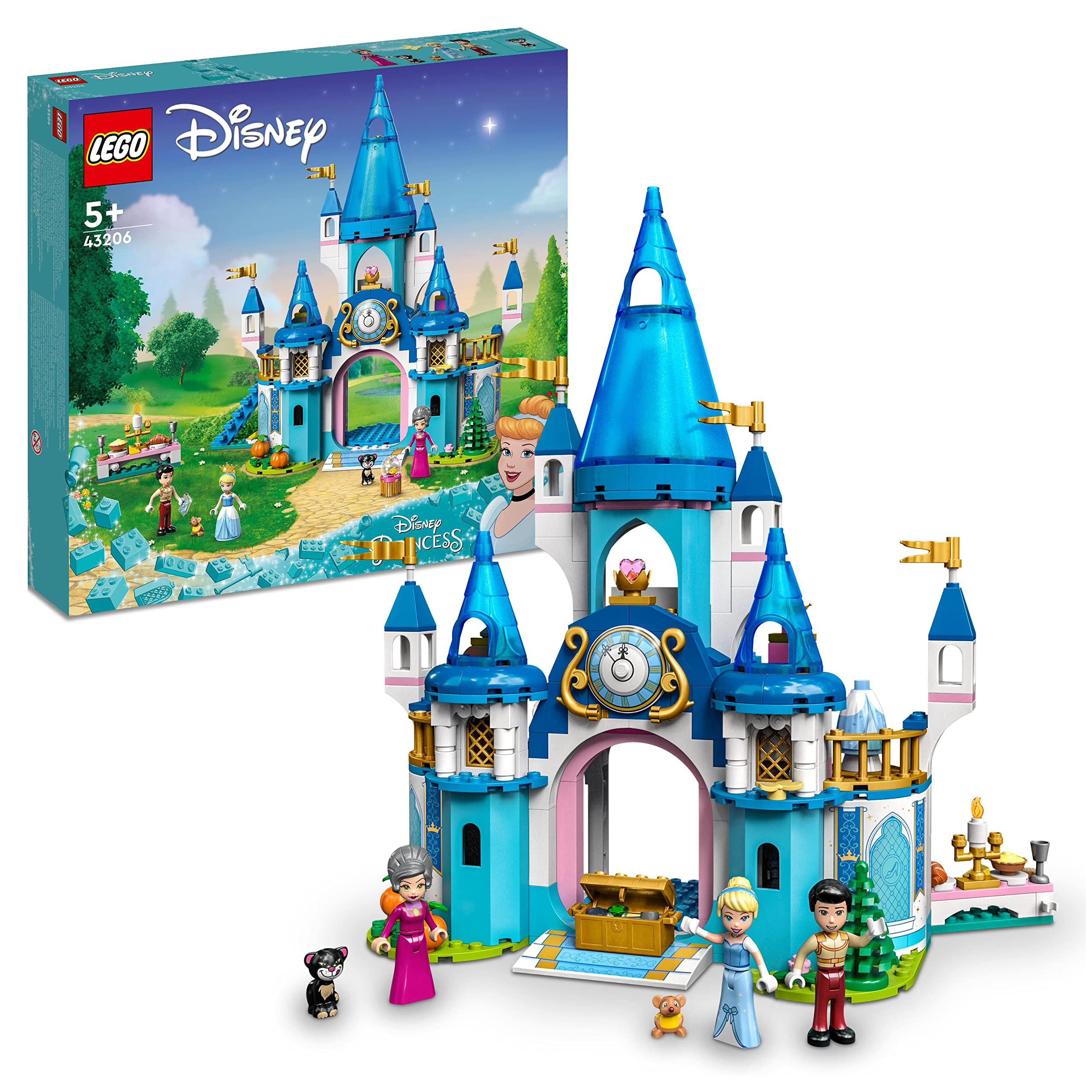 LEGO Disney Princess Cinderella and Prince Charming's Castle Doll House, Buildable Toy with 3 Mini Dolls, plus Gus Gus and Lucifer Figures, Gifts for Kids, Girls & Boys Aged 5 Plus Years Old 43206