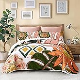 Tyrot 3 Piece Boho Floral King Size Quilt Sets Farmhouse Botanical Reversible Lightweight Bedspread Coverlet with 2 Shams Mid Century Leaves Microfiber Bedding Quilts Set for All Season, 106''x96''