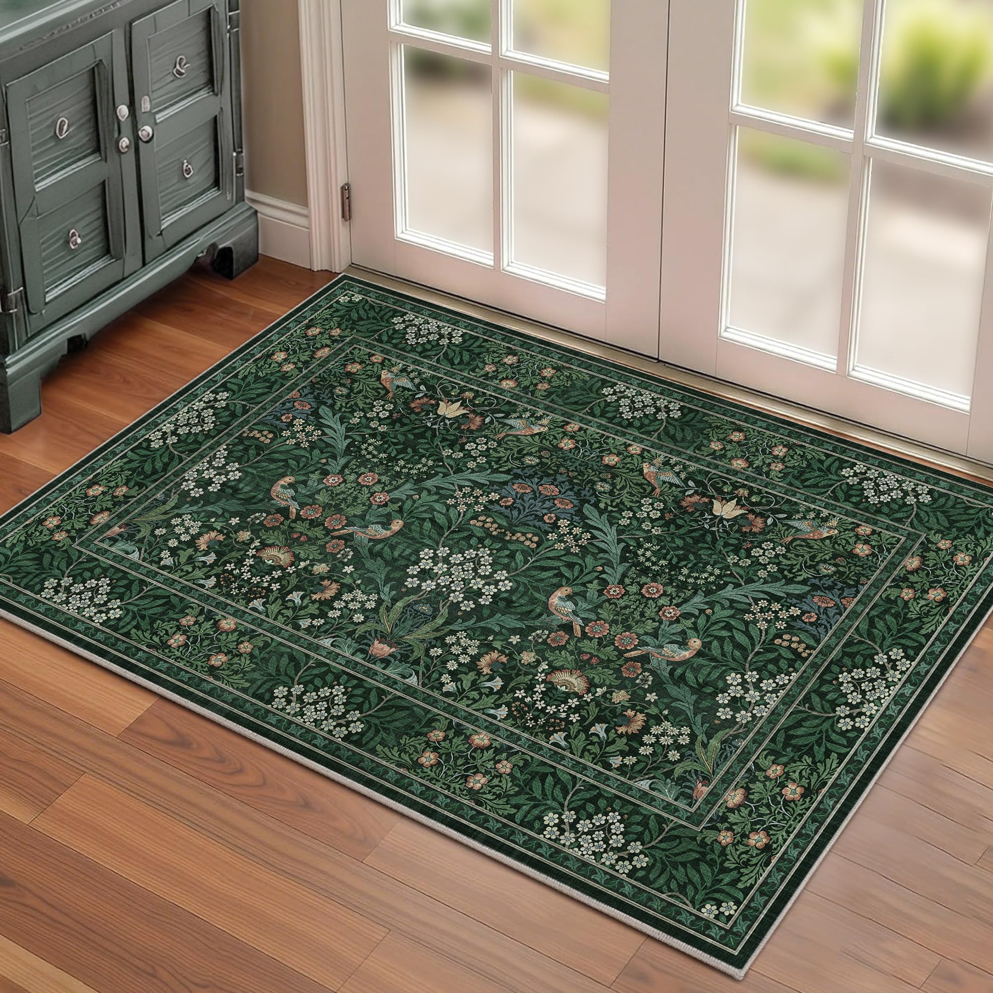 Photo 1 of 2x3 Floral Washable Area Rugs for Living Room, Vintage Boho Rug for Bedroom Dining Room? Distressed Botanical Birds Non Slip Low Pile Forest Animal Throw Carpet for Farmhouse Office, Bright Green