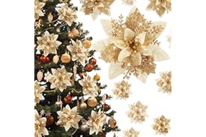 WEISPARK Poinsettia Christmas Decorations Flowers - 12Pcs Artificial Red Gold Poinsettia Christmas Tree Ornaments Glittery for Xmas New Year Wedding Party Wreath DIY Garland Decor (Gold)