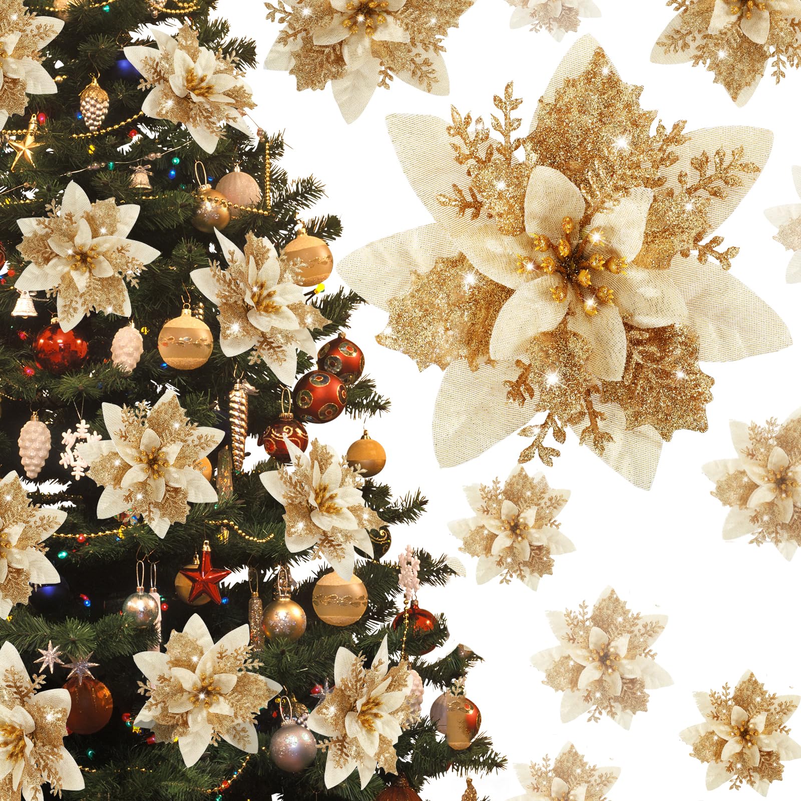 Photo 1 of Poinsettia Christmas Decorations Flowers - 12Pcs Artificial Red Gold Poinsettia Christmas Tree Ornaments Glittery for Xmas New Year Wedding Party Wreath DIY Garland Decor (Gold)