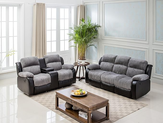 Lovesofas New Luxury California 3 2 1 Jumbo Cord/Faux Leather Recliner Sofa Variations Grey