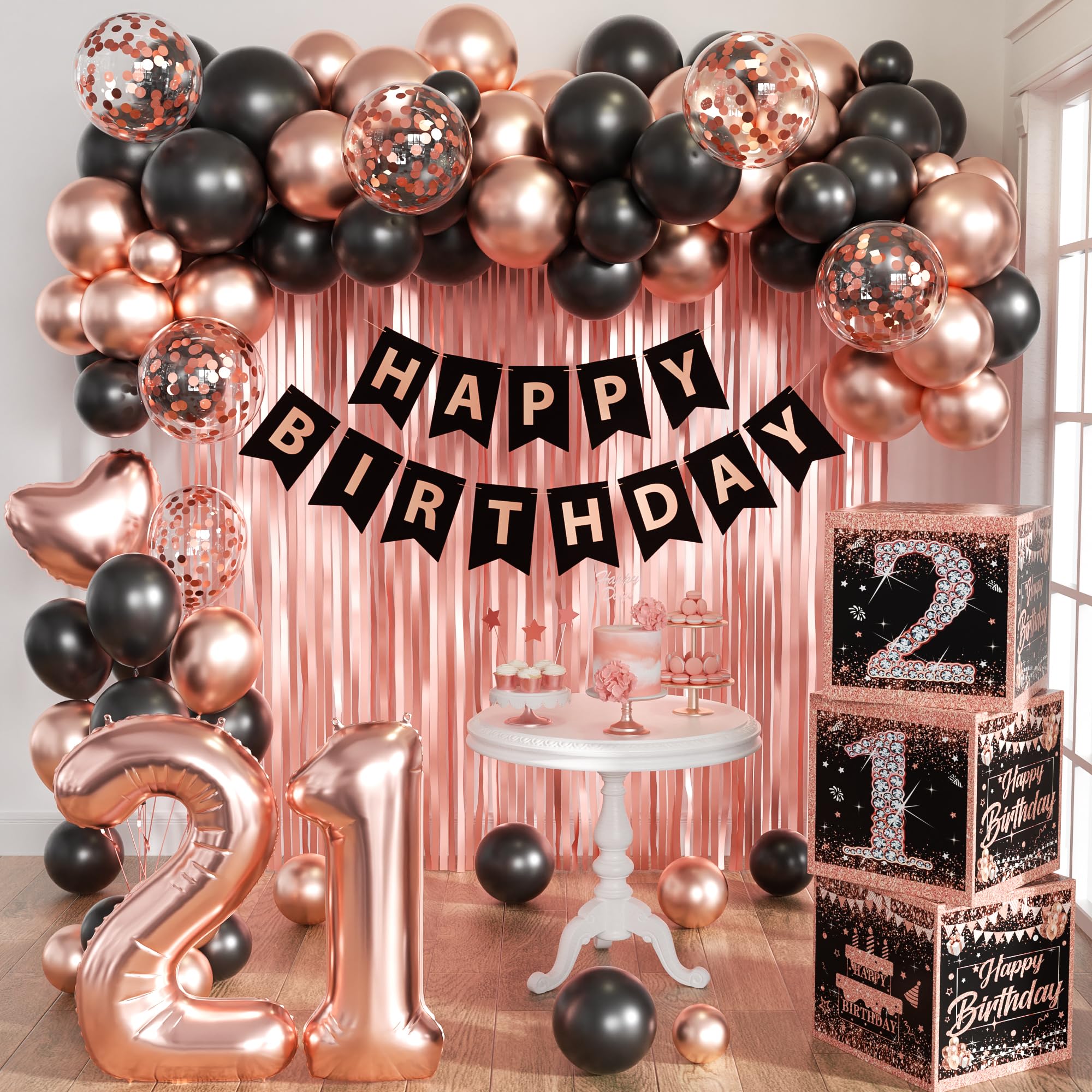Photo 1 of Rose Gold 21st birthday decorations for her Women,birthday Decorations for Women Girls black and pink Balloon Boxes Birthday Party Favors. colors red, black, and gold