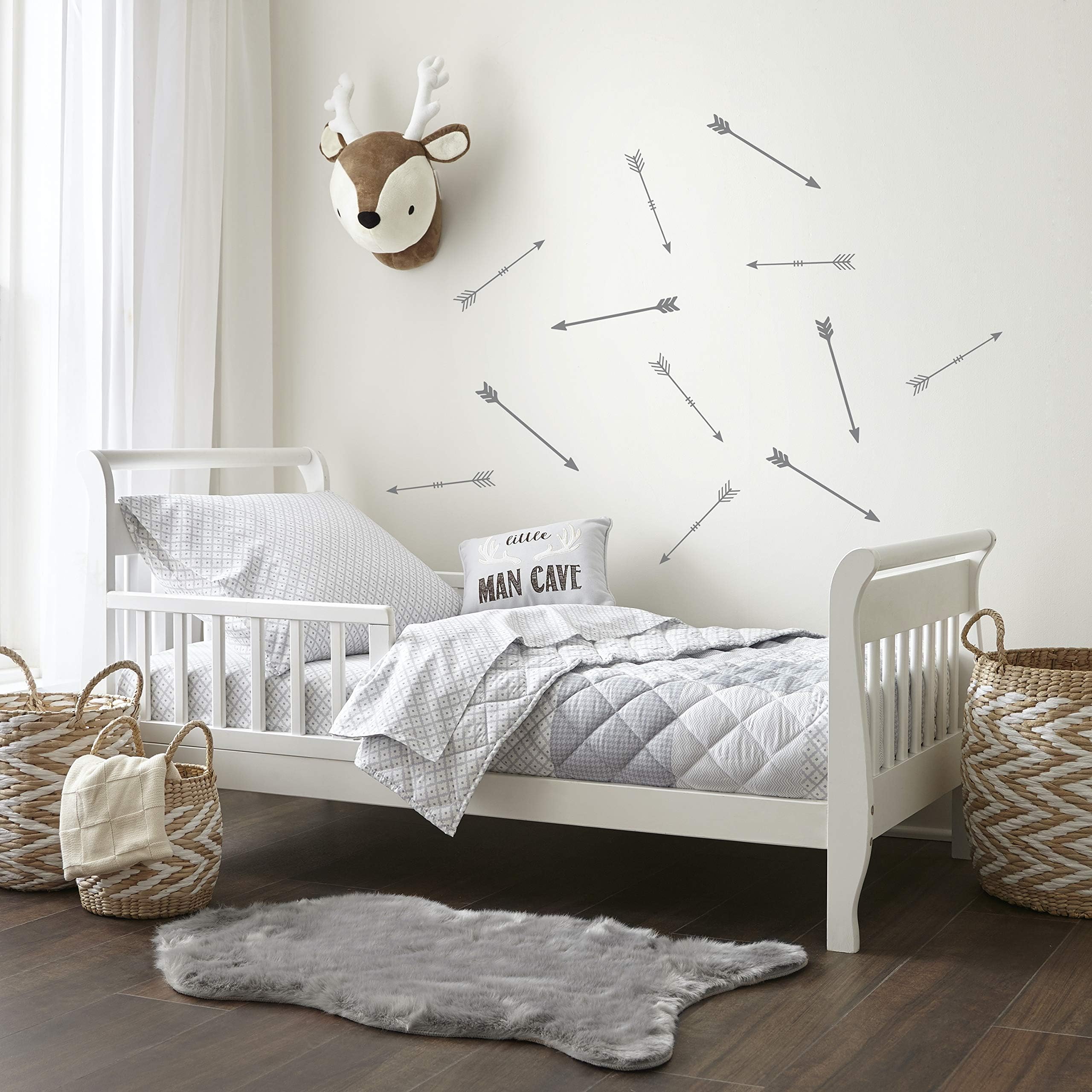 Levtex BabyKids Little Man Grey, White, Deer, 5 Piece Toddler Bedding Set - Kids Bedding- Reversible Quilt, Fitted Sheet, Flat Sheet, Pillowcase, Decorative Pillow