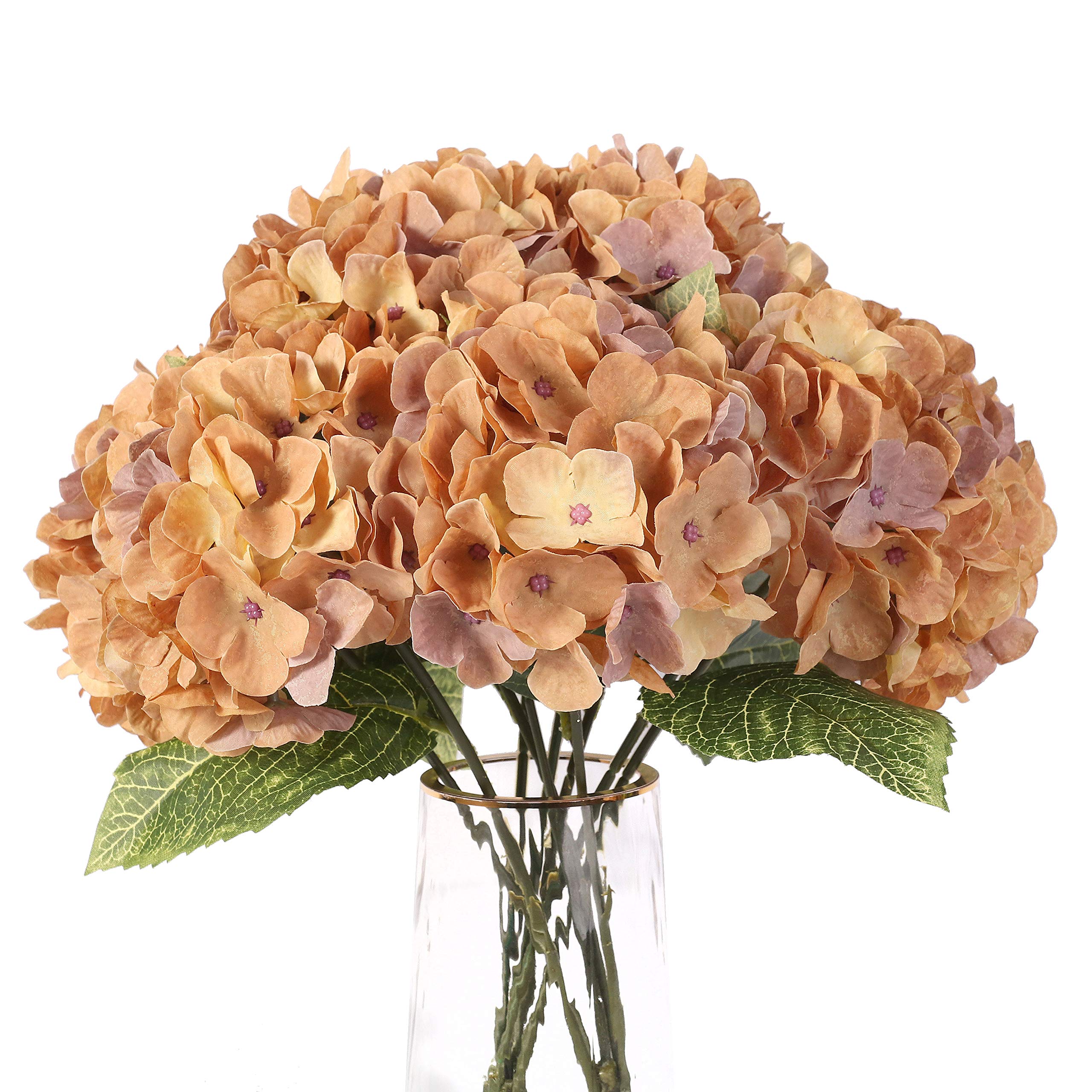 Louiesya Artificial Flowers Silk Hydrangea with 5 Heads Fake Flower Bunch Bouquet for Home Wedding Party Decor DIY (Brownish Yellow, 18.9 Inch Height)