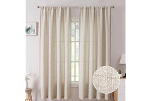 Tollpiz Short Linen Curtains Bedroom Rod Pocket Semi Sheer Curtain Burlap Light Filtering Thick Linen Drapes for Living Room, 38 x 45 inches Long, Natural, Set of 2 Panels
