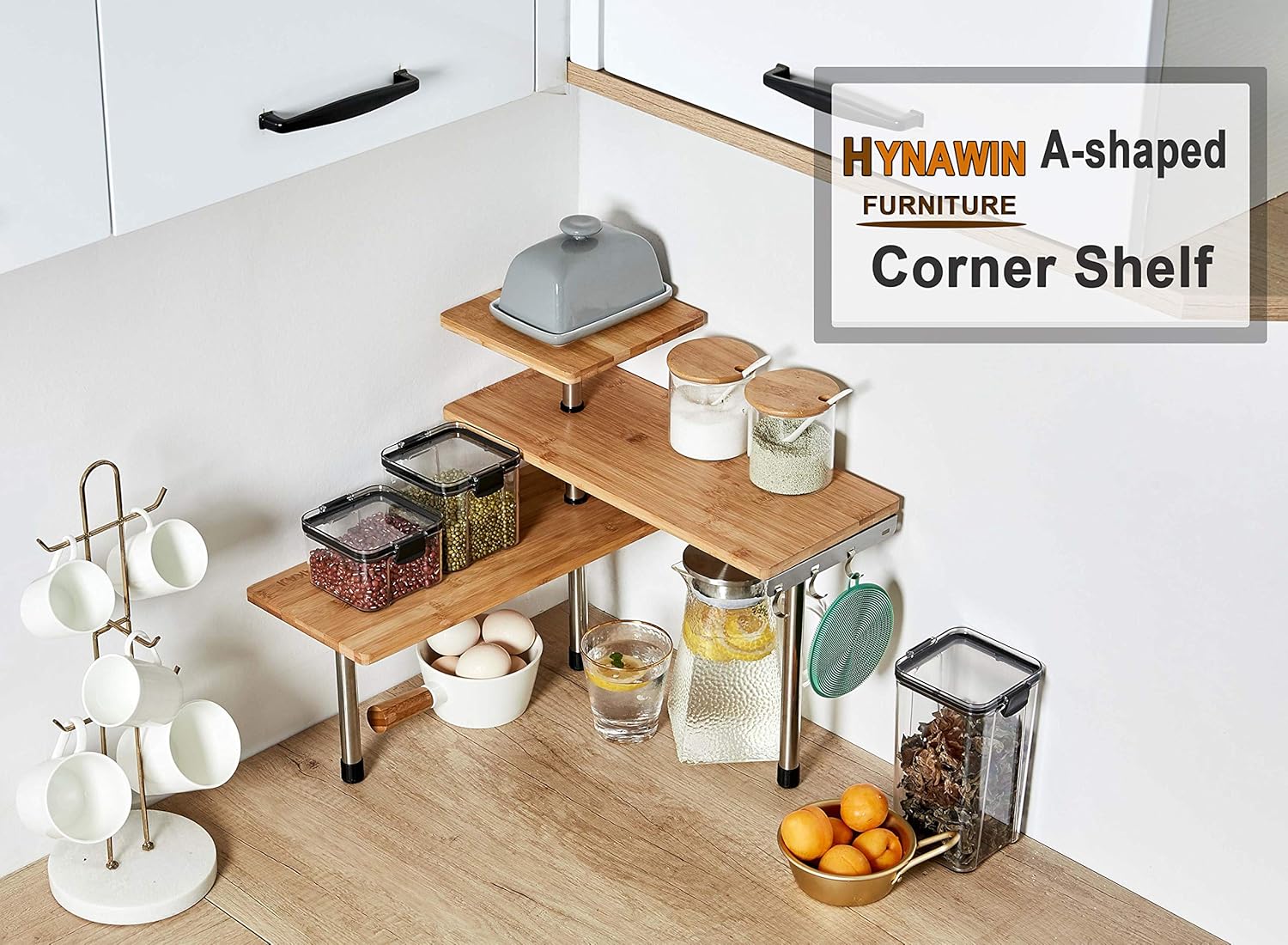 HYNAWIN 3 Tier Corner Shelf Bamboo & Metal Storage Spice Rack-Desk Bookshelf Display Shelves Space Saving Organizer -Adjustable Rack for Kitchen,Bedroom, Office-Creative Home Décor with Hooks: Furniture & Decor