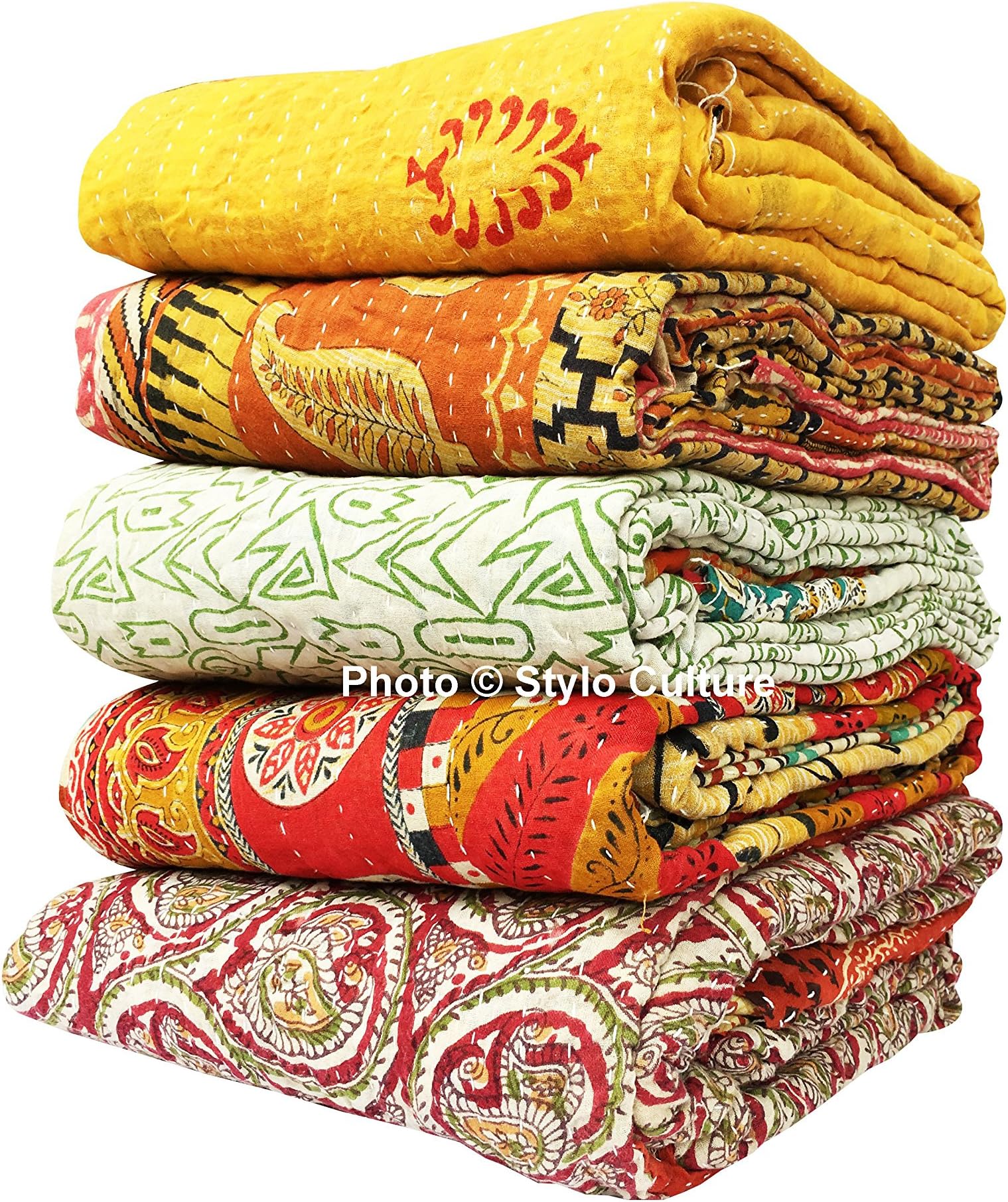 Stylo Culture Indian Vintage Kantha Quilts Throws Wholesale Twin Printed Kantha Bengali Gudri Vintage Bed Throw Vintage Ralli Gudri lot of 5 Pc