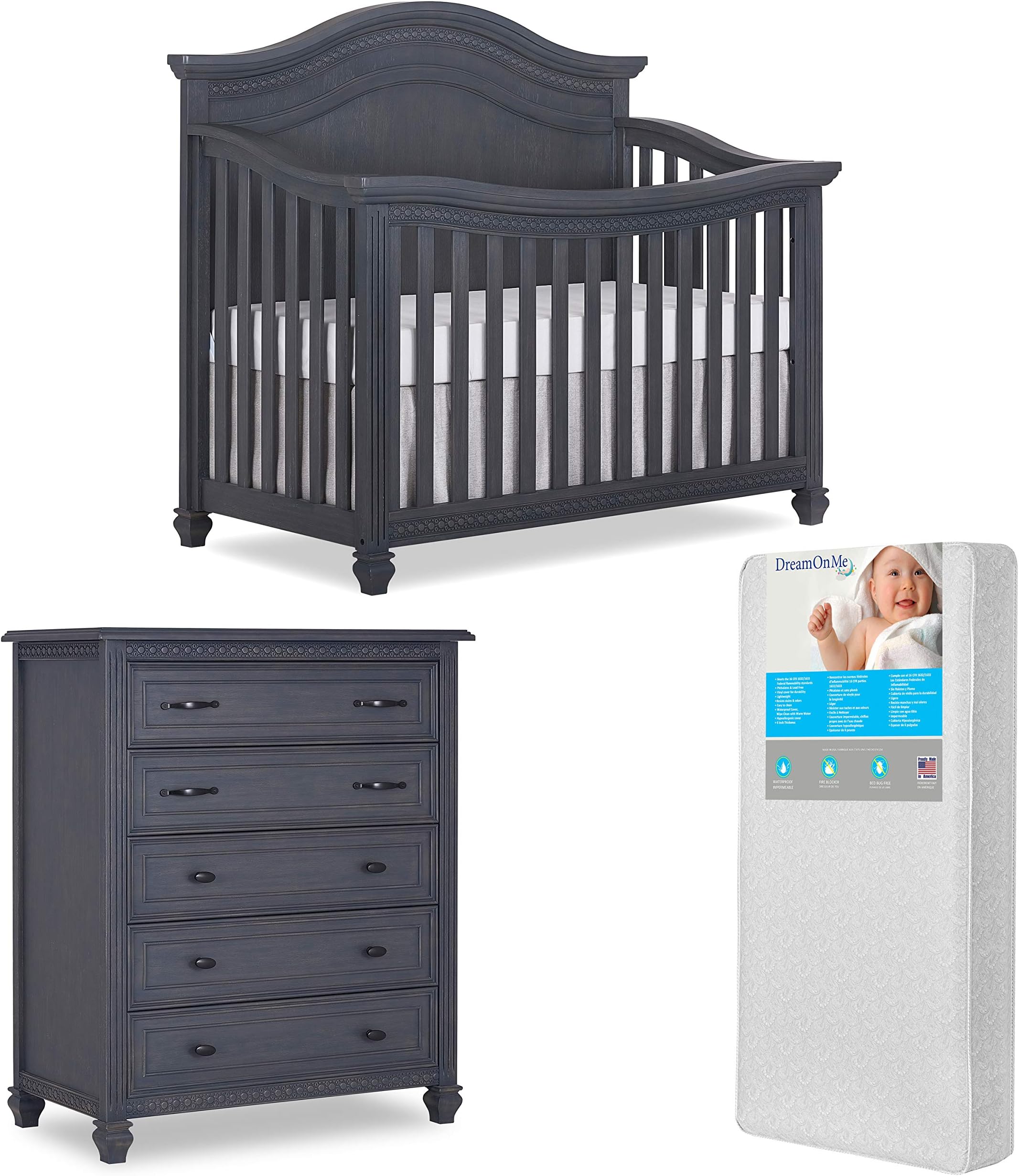 Evolur Madison 5 in 1 Convertible Crib and Tall Chest with Free Mattress, Weathered Gray