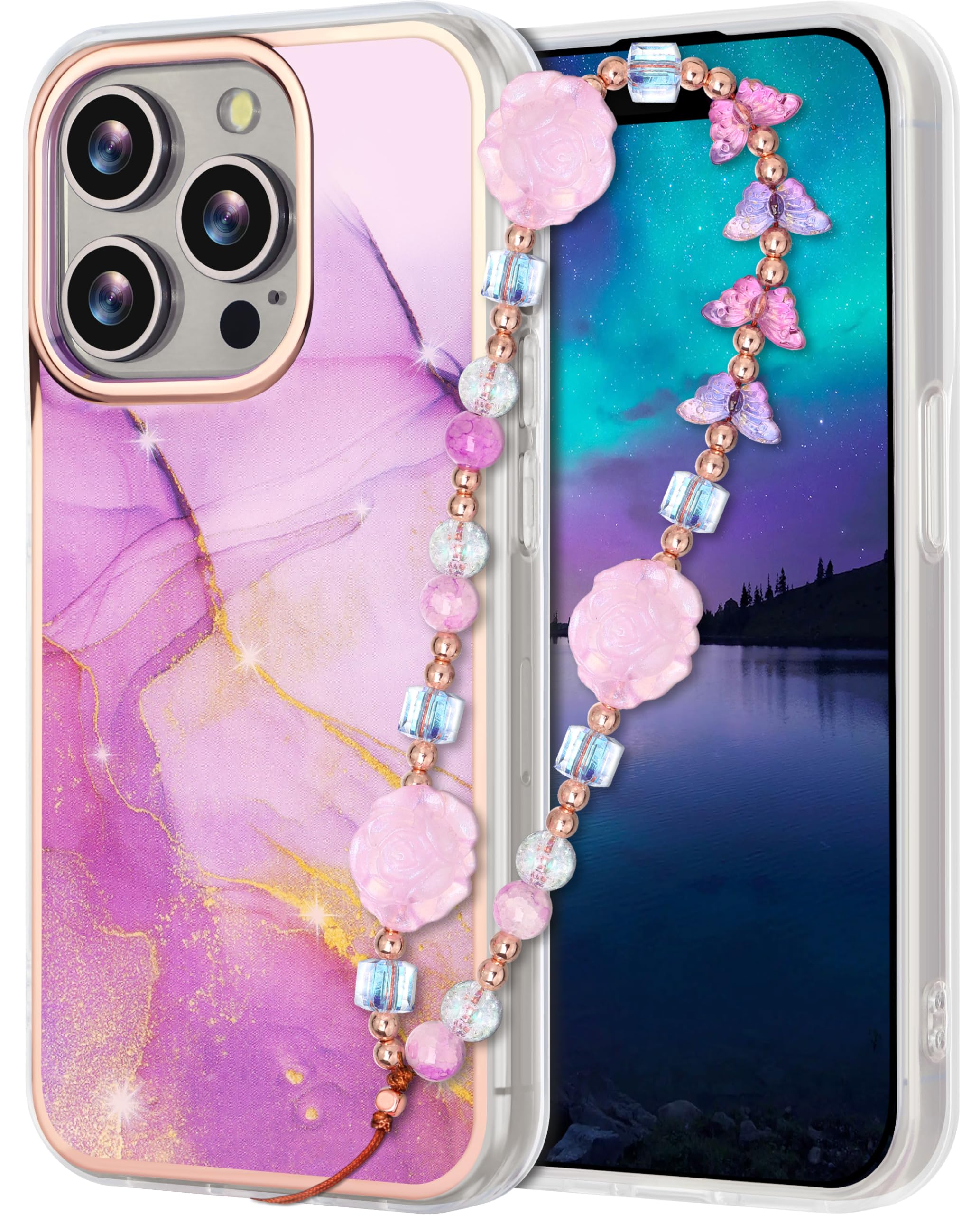 Casililor Compatible with iPhone 16 Pro Max Case for Women Girls, Girly Cute Phone Case for iPhone 16 Pro Max with Flower Phone Charm Lanyard, Shockproof Hard Protective Case 6.7 Inch Purple Marble