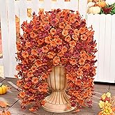 Dolicer 4 Pcs Look Real Artificial Fall Flowers for Outdoors, Realistic Faux Mums for Outdoor Planters UV Resistant Fake Fall Flowers Artificial for Decoration Autumn Porch Patio Garden (Orange+Brown)