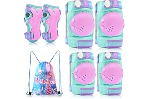 NEMONE Mermaid Knee Pads for Kids, Girls Boys Knee Elbow Pads Wrist Guards with Drawstring Bag, Adjustable Reflective Protective Gear Set for Roller Skates Bike Cycling Skateboard Scooter