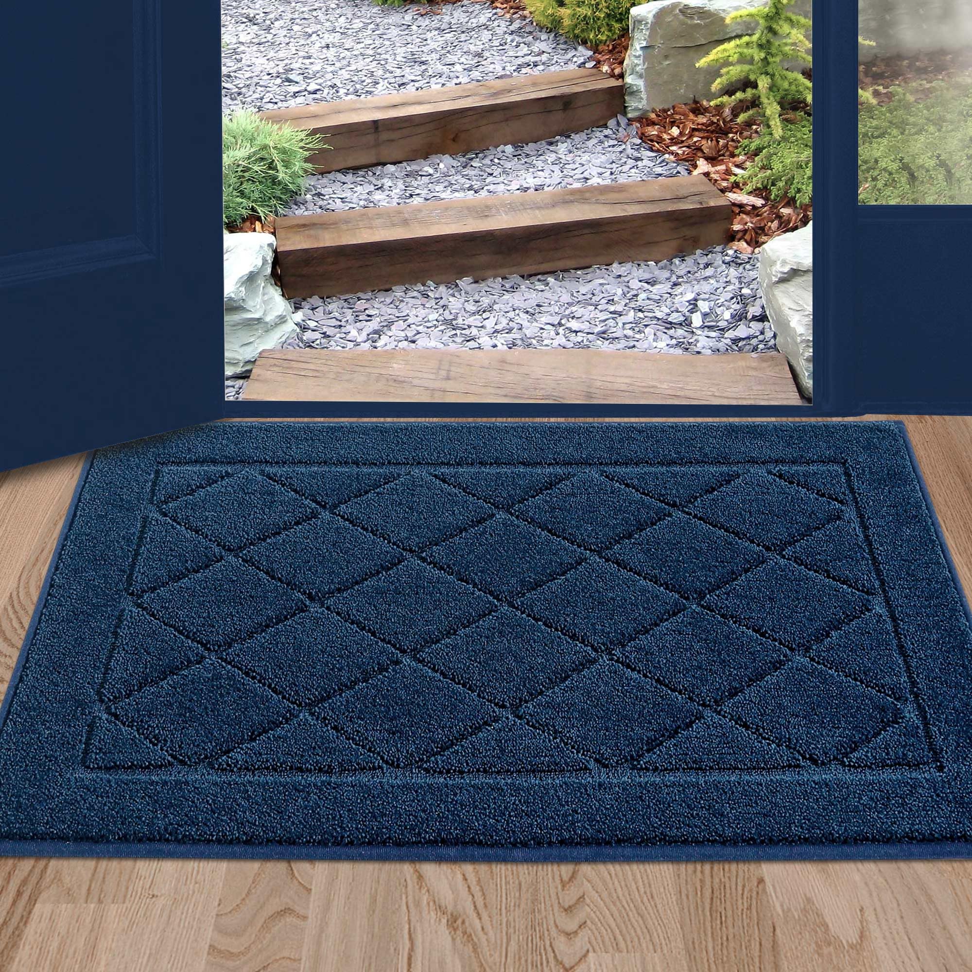 Photo 1 of BEQHAUSE Dirt Trapper Door Mat 24" x 36", Doormat Non-Slip Entryway Rugs Washable, Dog Door Mat Stain Resistant and Absorbent Welcome Floor Mat for Front Back Door, Muddy Wet Shoes & Paws, Navy Blue