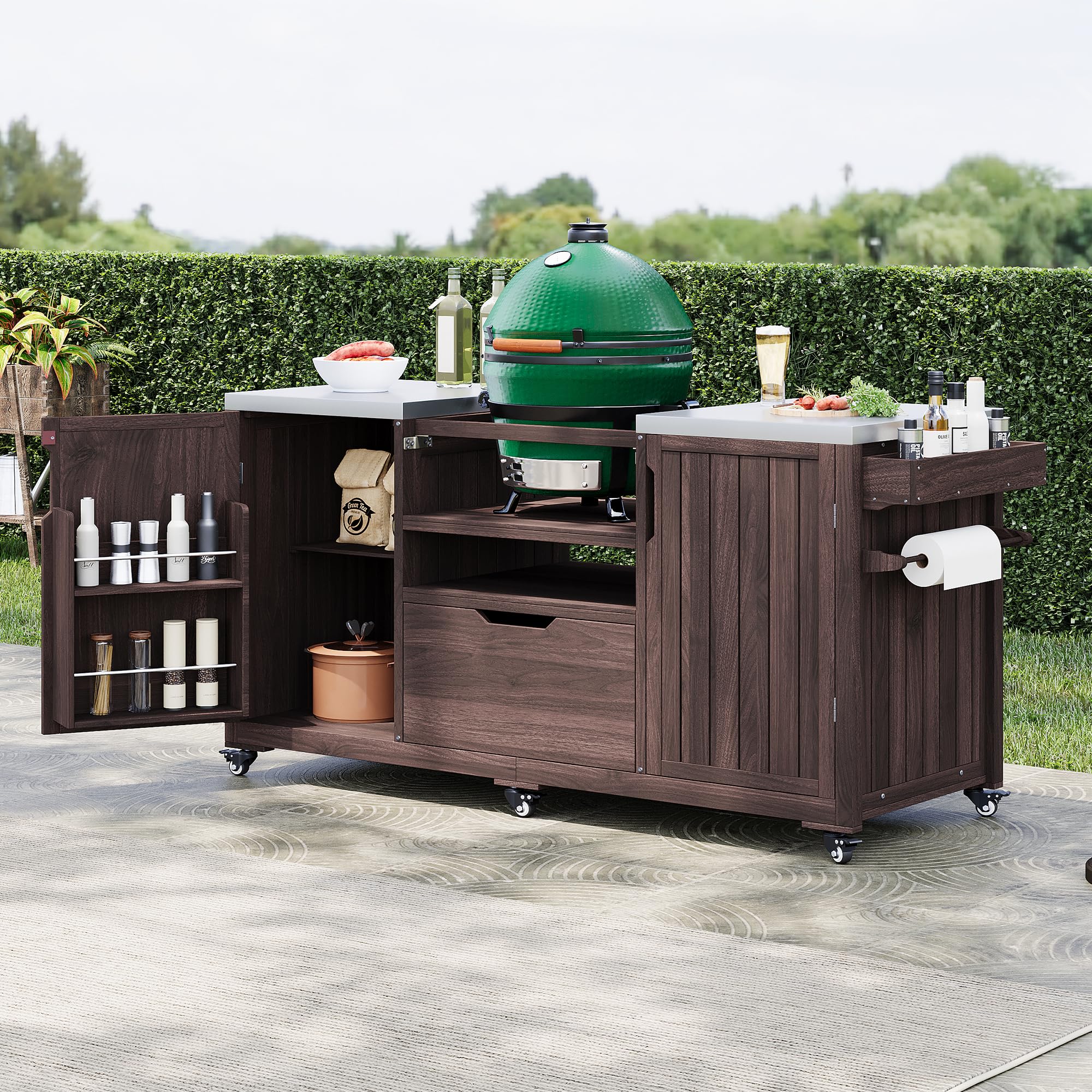 Merax 66.5" Outdoor Grill Table for Big Green Egg, Farmhouse Kitchen Island on Wheels with Stainless Steel Tabletop, Drawer and Spice Rack, Solid Wood Outdoor Storage Cabinet for Backyard, Dark Brown