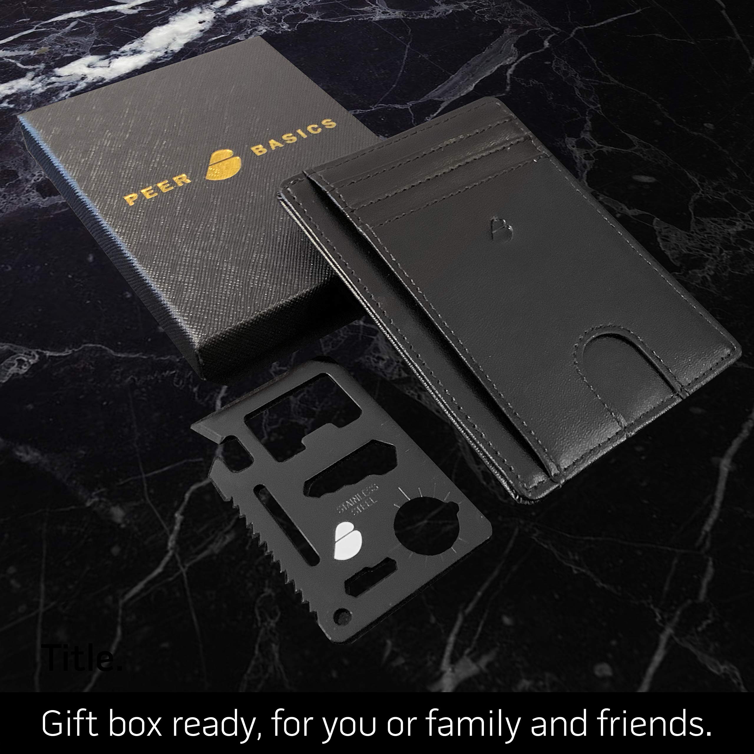 PeerBasics Minimalist Slim RFID-Blocking Men\'s/Women\'s Wallet PLUS 11-in-1 Stainless Steel Credit Card Pocket Sized Survival Multi Tool (Space Black)