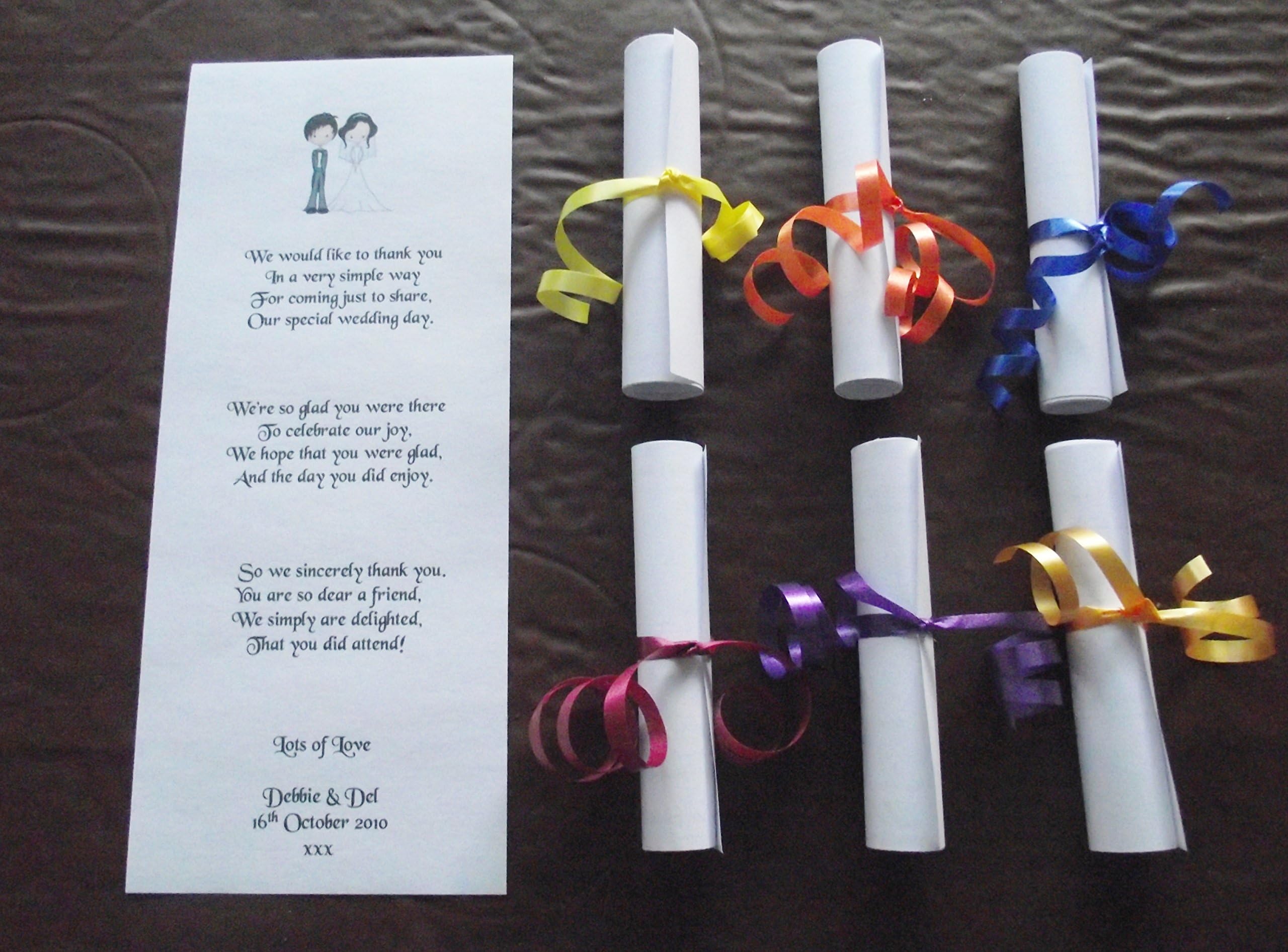 Wedding Favour Scrolls Bride and Groom Design – Set of 20 - Personalised - Various Coloured Ribbon to Choose from