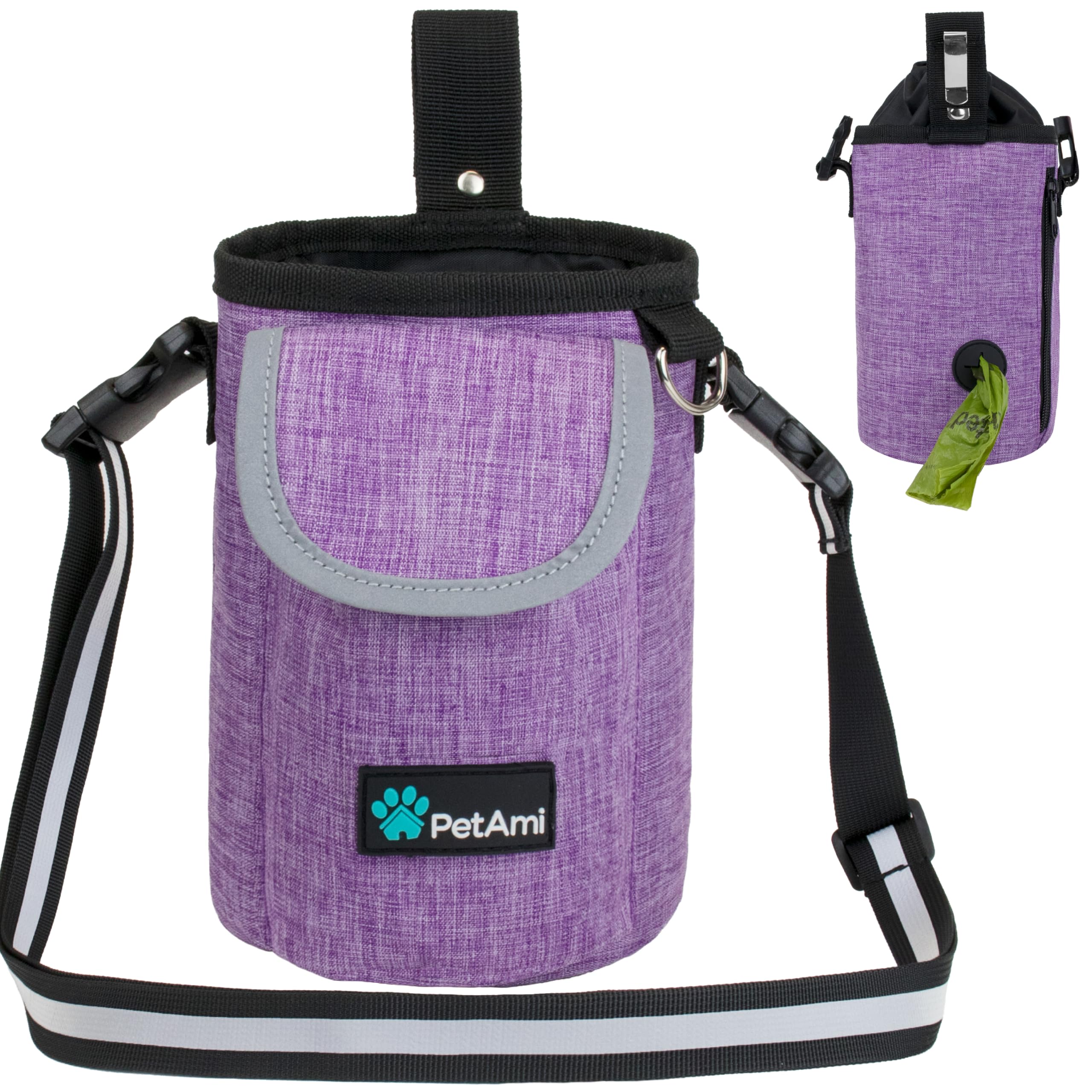 PetAmi Dog Treat Pouch, Large Dog Training Treat Bag with Adjustable Waist Belt, Built-in Poop Bag Dispenser & Multiple Storage Pockets, Hands-Free Dog Walking & Training Accessory (Purple)