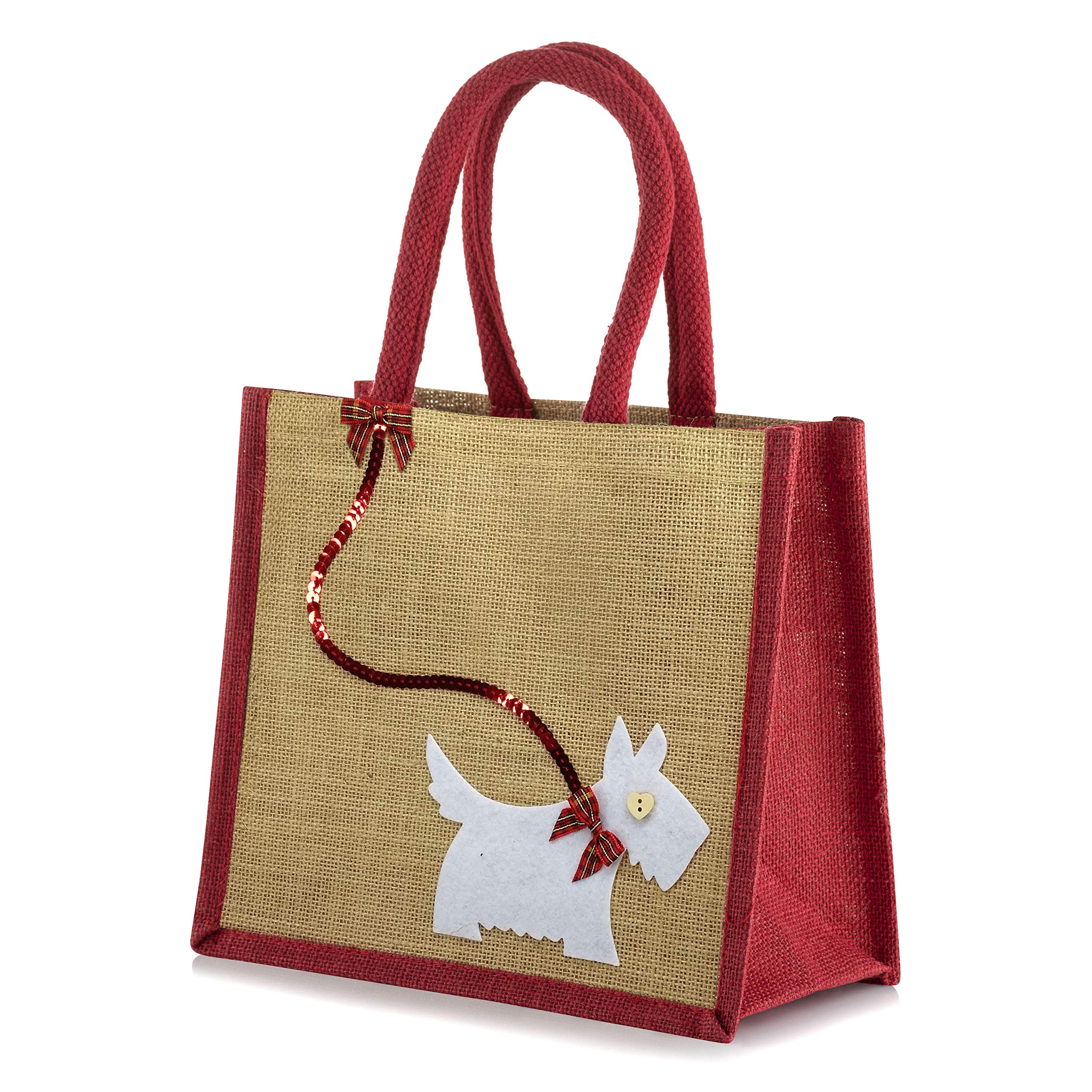 Yellowboots Natural Jute Hessian Lunch Gift Bag - Scottie/Westie Dog (Red)
