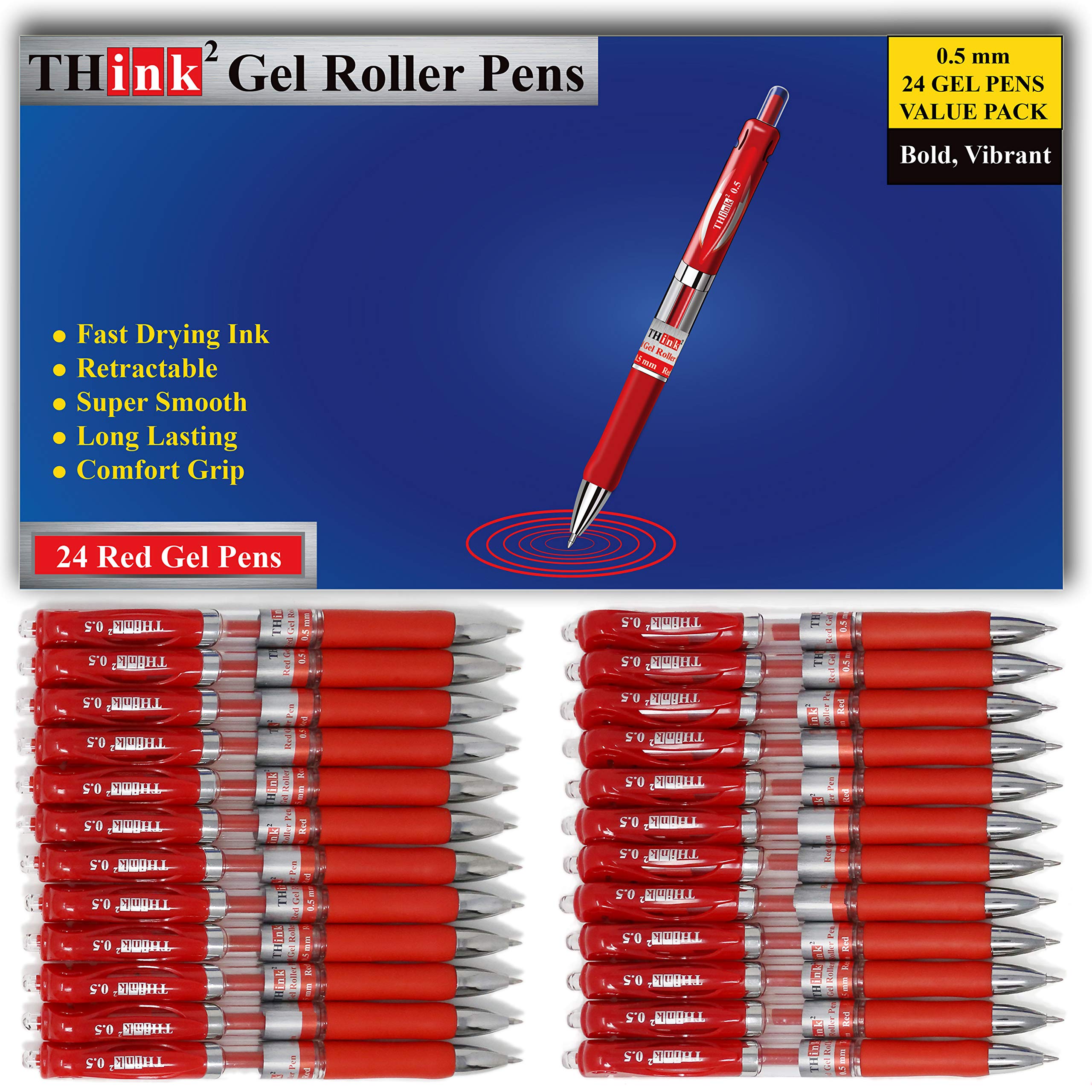 Photo 1 of [24 Pens - Red Ink] Think2 Retractable Gel Pens. (24 Red) Fine Point (0.5mm) Rollerball Pens with Comfort Grip. PLEASE REMOVE THE WAX TIP ON THE POINT OF THE PEN BEFORE USING THE PEN.