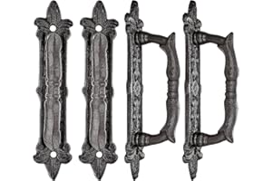 INIRET 4 Packs Heavy Duty 8.9" barn Door Handles,Large Rustic Carved Door Pull，Dark Brown Cast Iron Rustic Vintage Gate Fence Outdoor Garage Closet Drawer Cabinet Handles