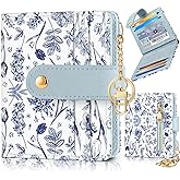Bistup Wallet for Women Cute Bifold Small Card Wallet Rfid with Keychain for Ladies Teen Girls Female Medium Girly Aesthetic Thin Slim Flower Floral Unique Pretty Leather Credit Card Holder Purse
