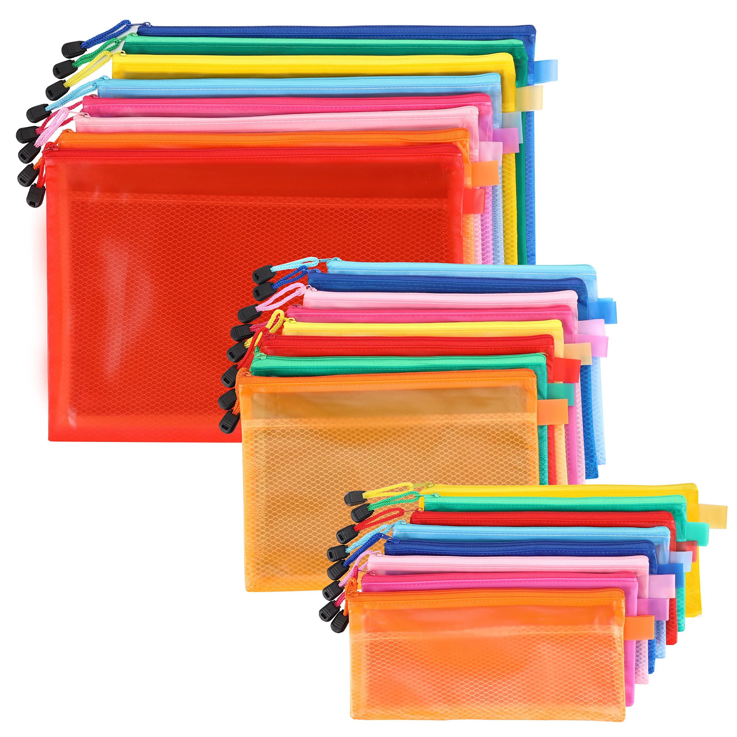 Belle Vous 24 Pack of Plastic Mesh Zipper Pouches - Document Zip File Bags/Folders A4, A5 & A6 - Waterproof Wallets for Travel Accessories, Cosmetics, School/Office, Pens/Pencils, or Bill Bag