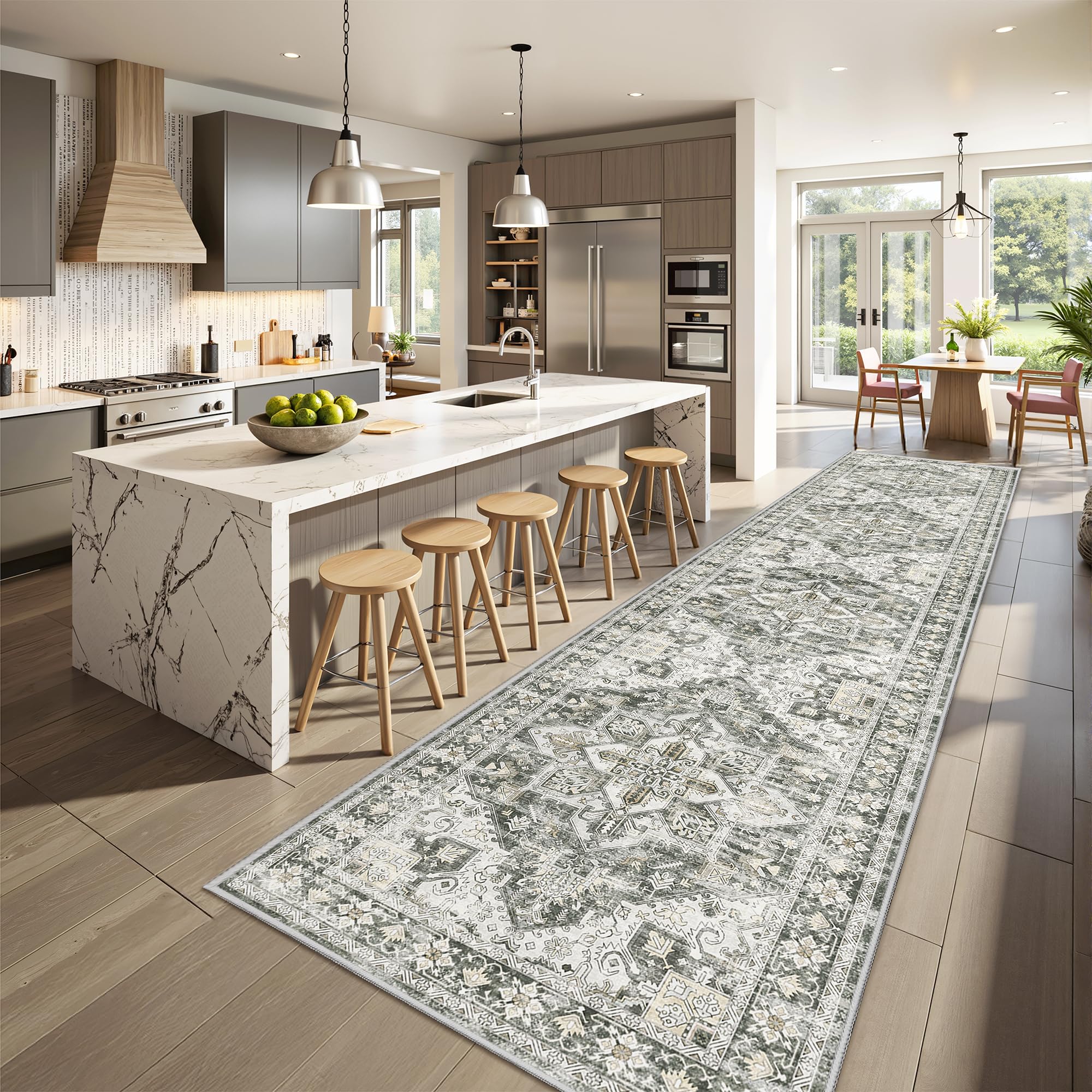 Restydon Runner Rug 2x10, Ultra-Thin Kitchen Rugs Non Slip Washable Rugs for Entryway Rug, Kitchen Runner Low Pile Vintage Soft Carpets for Living Room, Bathroom Bedroom (Grey/Beige,2'x10') Image