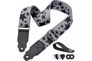 YIKOKO Guitar Strap, Head Layer Cowhide Leather End, 2 Inches Wide, for Acoustic and Bass Electric Guitars, Free Button, 2 Strap Locks and 4 Guitar Picks