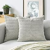 Volcanics Pack of 2 Light Grey Decorative Throw Pillow Covers 18x18 Inch, Soft Corduroy Striped Square Cushion Cases, Modern Farmhouse Boho Home Decor for Couch Bed Sofa Living Room
