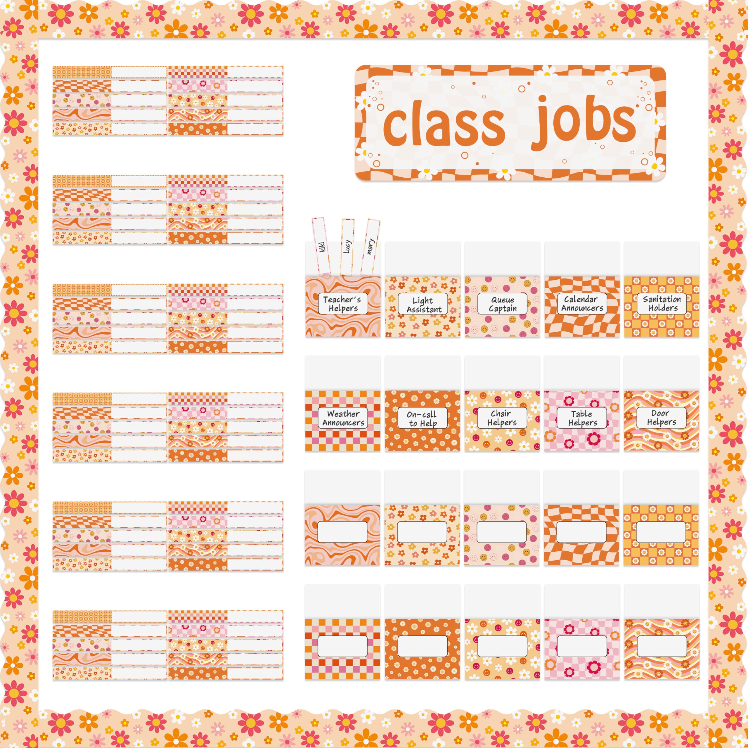 Photo 1 of *2 Pack* WATINC 97pcs Class Jobs Bulletin Board Set, Classroom Jobs Chart with Name Tags, Back to School Schedule Boards Pocket Chore Behavior Chart for Classroom Chalkboard Walls Decoration (Groovy Print)