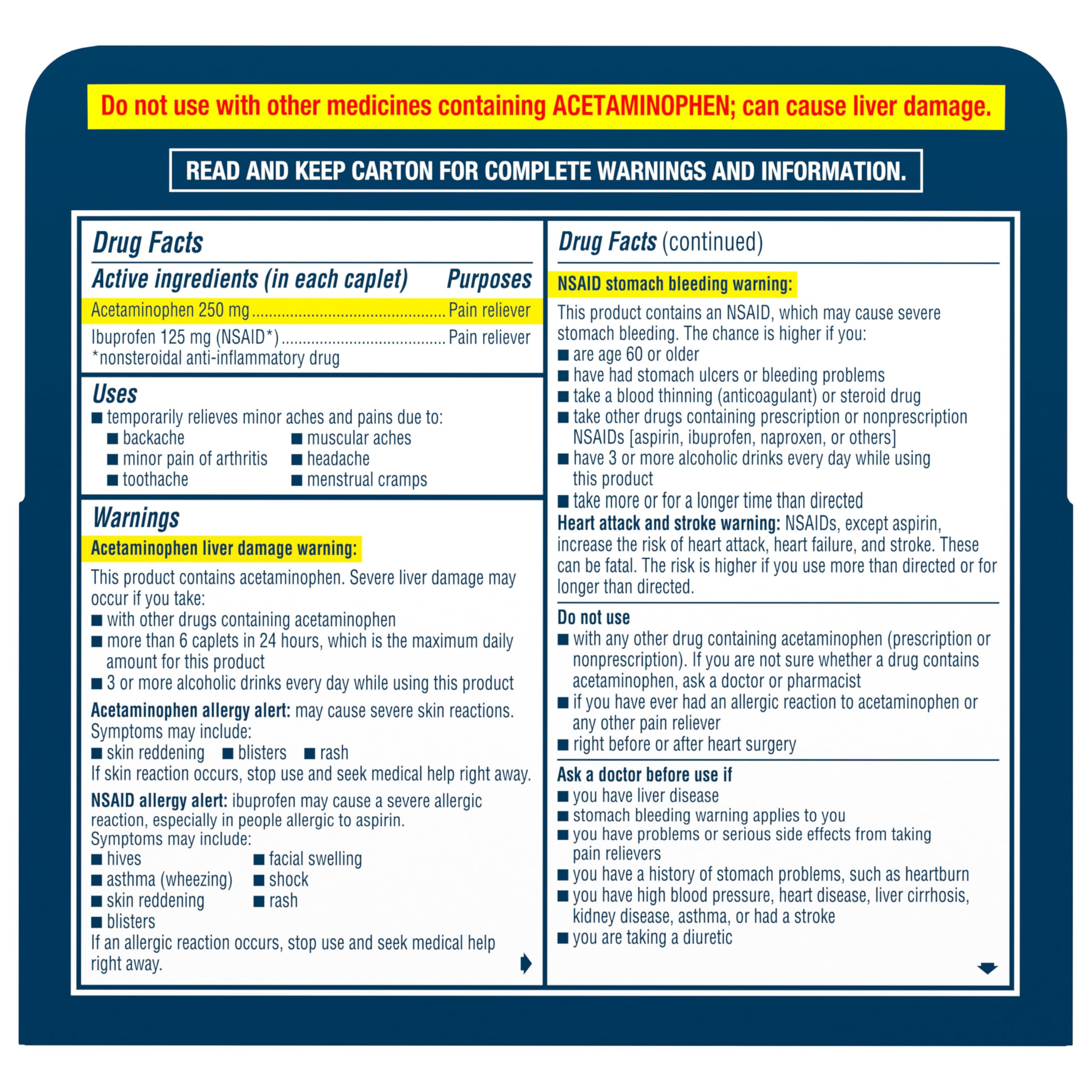 Advil Dual Action Back Pain Caplets Delivers 125mg Ibuprofen and 250mg Acetaminophen Per Dose for 8 Hours of Back Pain Relief - 144 Count