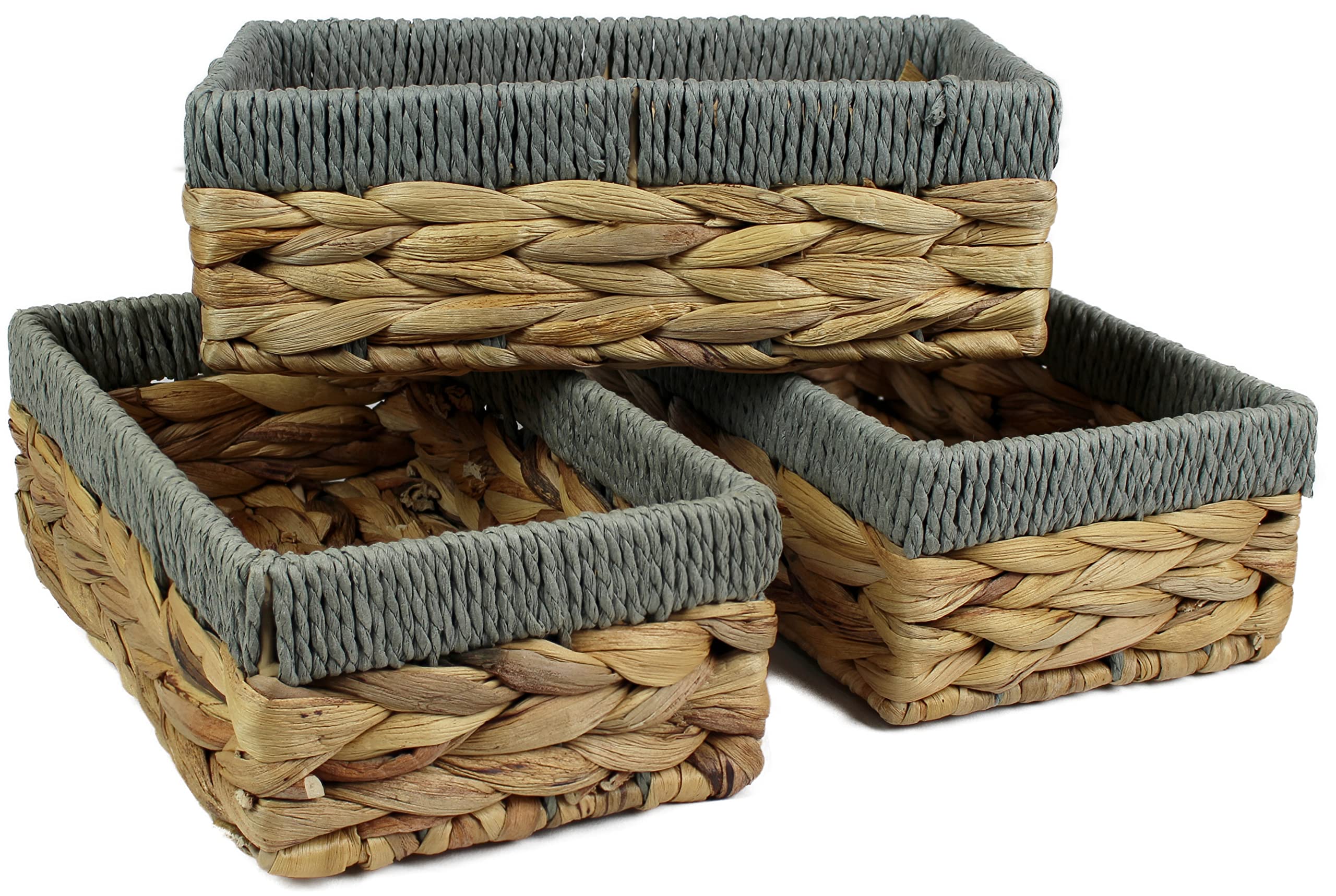 Rectangular Water Hyacinth Small baskets for storage Natural and Grey wicker basket shelves open Decorative gift box. bathroom mini tray makeup bathroom Kitchen organiser (Small 24cm, 3x Baskets)