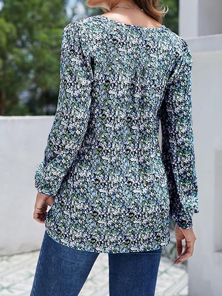 LICEMERE LONG SLEEVE SHIRTS FOR WOMEN FALL FASHION 2025 WOMENS TUNIC TOPS PLEATED CREW NECK PUFF SLEEVE BLOUSES DRESSY CASUAL (FLORAL BLUE,XXL)